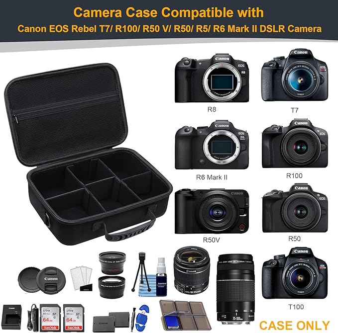 RAIALL Case for Canon EOS Rebel T7/R50/R100/Sony/Nikon D7500 Camera, Black | for R50V/R8/R10/RP/R7/R6 Mark II/R5 DSLR SLR, Lens, Tripod, Hard Protective Travel Bag with a Shoulder Strap and 5 Dividers - Image 3
