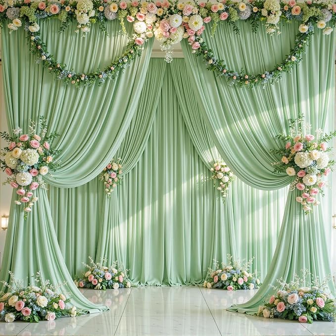 6 Panels Sage Green Backdrop Curtains for Wedding Party Wrinkle Free Backdrops Curtain Drapes Fabric Decorations Photo Back Drop Cloth for Baby Shower Photography Stage Reception 30ft(W) x 12ft(H) - Image 2