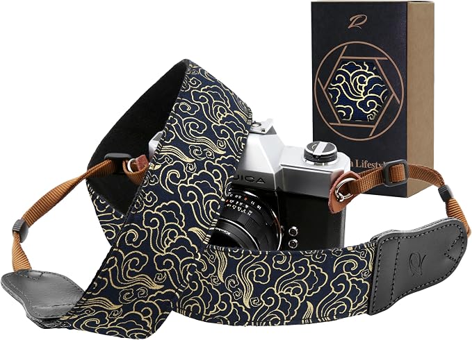 Padwa Lifestyle Camera Strap - 2" Wide with Double Layer Cowhide Head,Vintage Ukiyo E Style Auspicious Cloud Pure Cotton Camera Shoulder Straps,Adjustable Camera Neck Strap for all DSLR/SLR Cameras by PadwaLifestyleCameraStrap