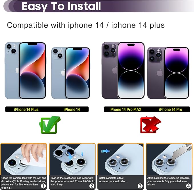 Suoman for iPhone 14 6.1 inch/iPhone 14 Plus 6.7 inch Camera Lens Protector, 9H Tempered Glass Film, [Does not Affect Night Shots] Metal Lens Protective Cover- Blue - Image 3