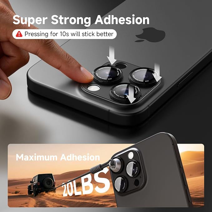 CACOE Metal Camera Lens Protector for iPhone 16Pro/16ProMax/14Pro/14ProMax | 9H Tempered Glass, Aluminum Frame, HD Clarity, Scratch-Resistant, Camera Screen Protector Cover Accessories, Black - Image 6