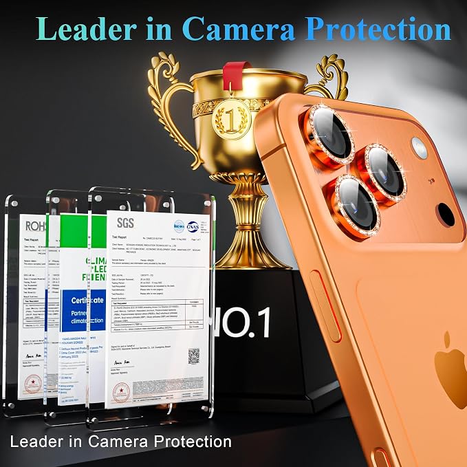 YWXTW Camera Lens Protector for iPhone 17 Pro/iPhone 17 Pro Max, [1 Step Installation Tray] Tempered Glass Screen Protector Metal Individual Camera Cover Accessories Case Friendly (Glitter Orange) - Image 2