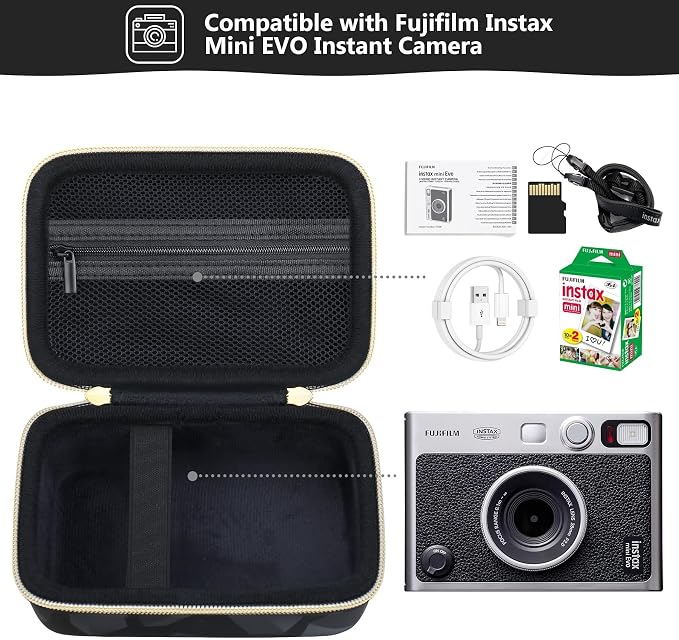 Carrying Case Compatible with Instax Mini EVO Instant Camera, INSTAX MINI EVO Camera Storage Holder Travel Bag with Mesh Pocket for Photos, USB Cables, Film, Black - Image 2