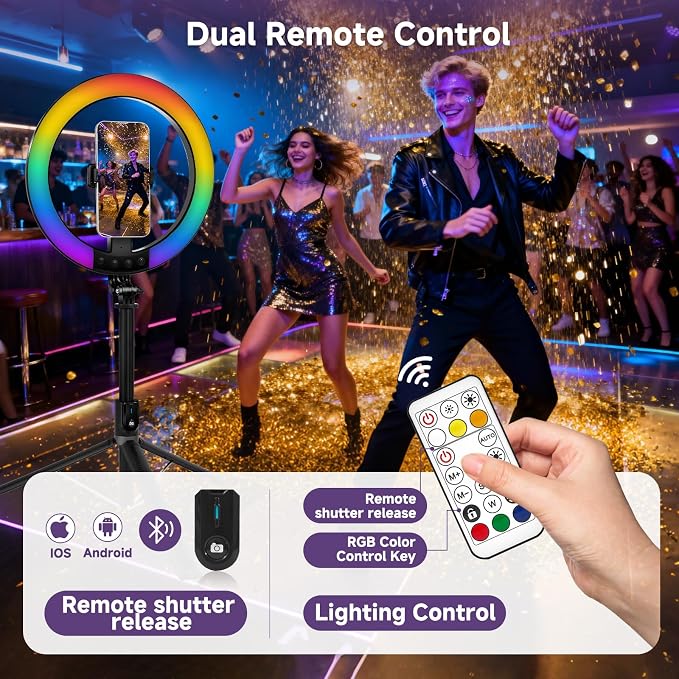 10" Ring Light with Stand, 74"Tripod with Ring Light &Phone Holder | RGB Full Color Modes Selfie Light with Extendable Tripod Stand,iPad Holder, Remote for iPhone,YouTube, TIKTok, Vlogging - Image 6