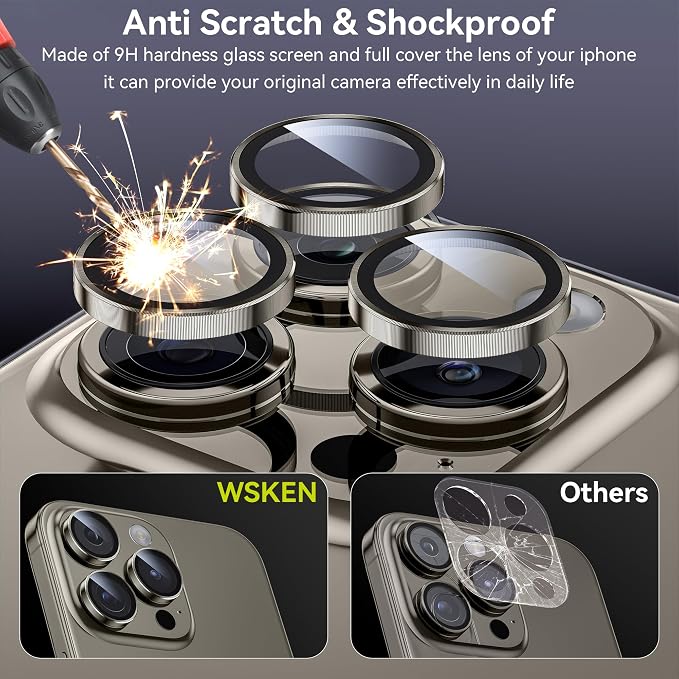 WSKEN for iPhone 15 Pro/iPhone 15 Pro Max Camera Lens Protector,[Keep Original Shooting] Shatterproof 9H Tempered Glass Camera Screen Protector Metal Ring Cover Film Accessories,Grey Titanium - Image 3