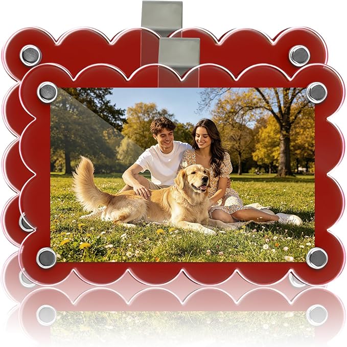 Nirvany 2Pcs Magnetic Car Visor Photo Holder, Scalloped Red, 2.4 x 3.5 in | Clear Acrylic Car Picture Frame, Personalized Picture Frame Clip for Sun Visor, For Family, Pets, Travel Photos by Nirvany-MakeACoolLifeForU