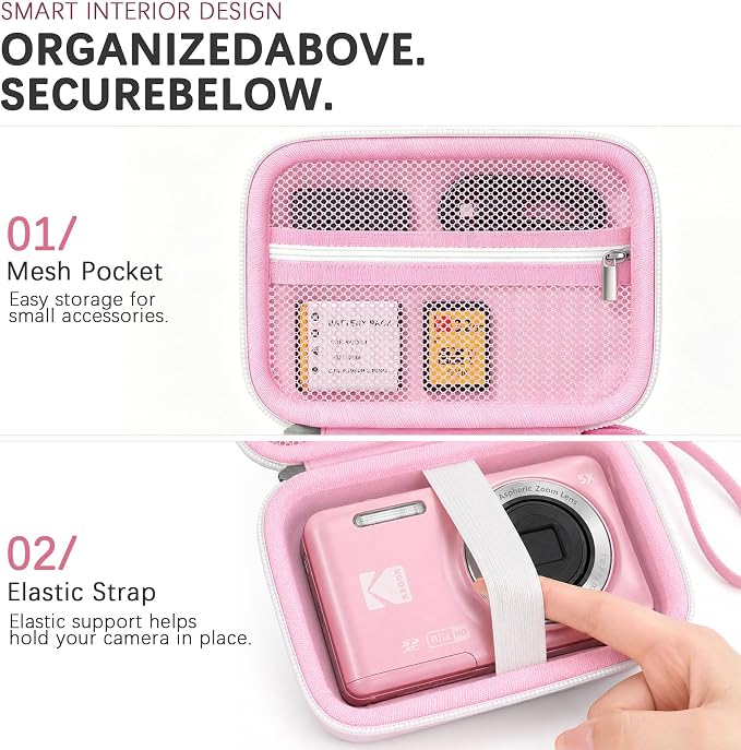 Camera Carrying Case for KODAK PIXPRO FZ55/ FZ45 Digital Camera | Camera Storage Case. Hard Protective Bag With Mesh Pocket Fits Batteries Cable Memory Card Card Reader, Pink - Image 5