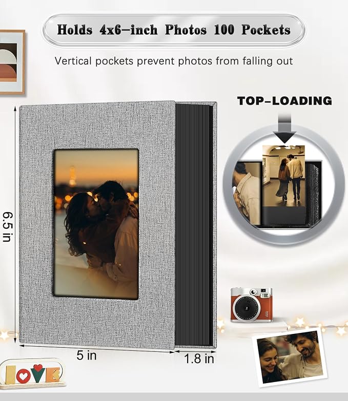Ejblfe Photo Album 4x6,Linen Cover Slide-in Photo Album Book Can Holds 100 4x6 Photos with 50 Black Sheets for Family,Wedding,Baby and Holiday Pictures (Gray) - Image 3
