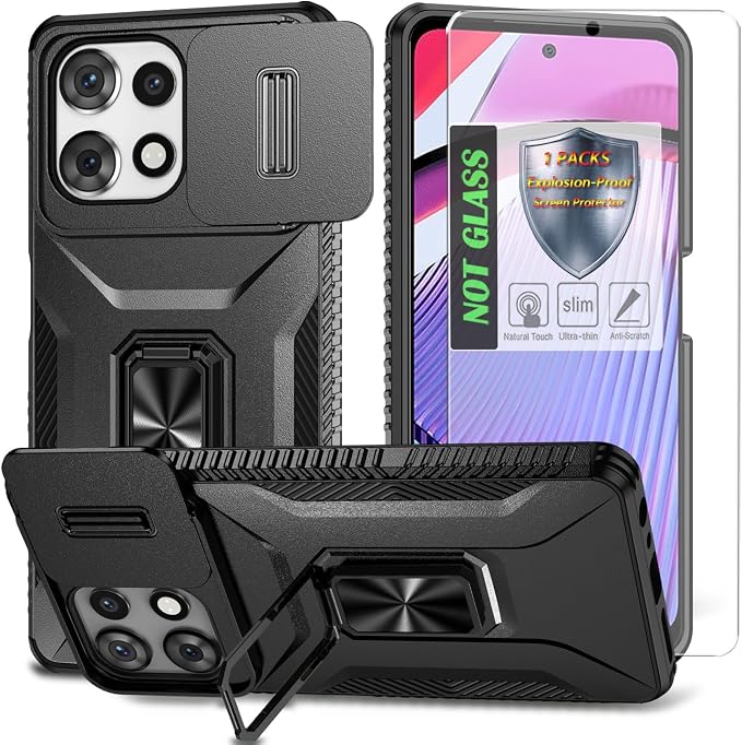 for Moto G Play 5G 2025 Case with Sliding Camera Lens Cover,HD Screen Protector,360° Rotating Ring Kickstand,AYMECL Military-Grade Shockproof Protective Cover for Motorola G Power 2025,Black by AYMECL