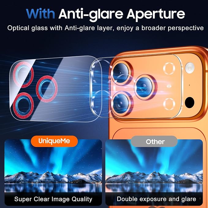 UniqueMe for 3 Pack iPhone 17 Pro Camera Lens Protector - Glitter Red | Drop Protection, Case Friendly, 9H Tempered Glass, Camera Cover Screen, Update New Version - Image 4