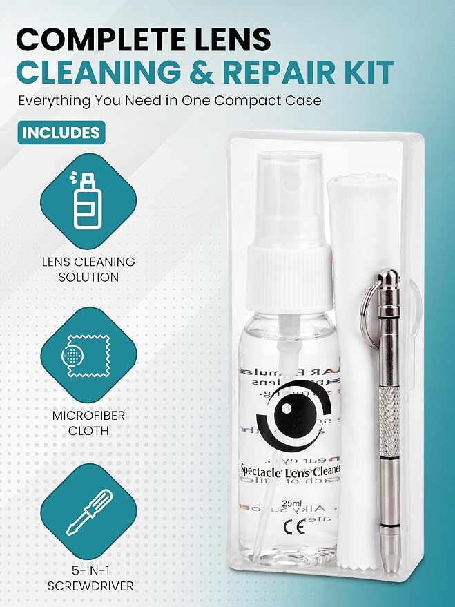 Complete Eyeglass Lens Cleaner Set | Cleans Any Lens or Screen | Repair Tool Fixes Eyeglasses, Sunglasses, and Watches | Includes Cleaning Solution, Repair Tool, and Premium Microfiber Towelette - Image 3