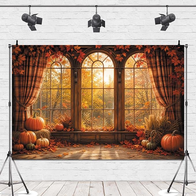 Autumn Fall Window Backdrop 8x6ft Rustic Wooden Arched Window with Pumpkin Maple Leaves Thanksgiving Harvest Photo Background for Party Decor Portrait Photography Booth Props Vinyl - Image 4