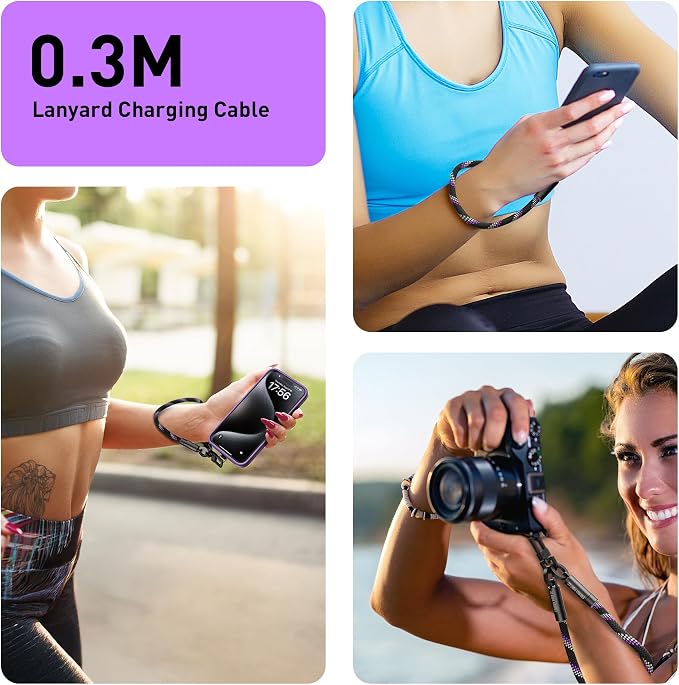 Hand Wrist Strap Lanyard Built in USB-C Fast Charging Cable Reflective Nylon Braid Anti Theft Phone Camera Strap Travel Photographers Rope for Phone DSLR DJI, Rotatable Metal Buckles (0.9FT) - Image 5