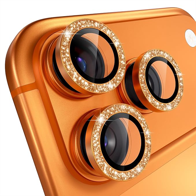 Misea Compatible for iPhone 17 Pro/iPhone 17 Pro Max Camera Lens Protector | 9H Tempered Glass Ultra HD Bling Camera Screen Protector Cover Metal Individual Ring Decoration Accessories, Orange Glitter - Image 8