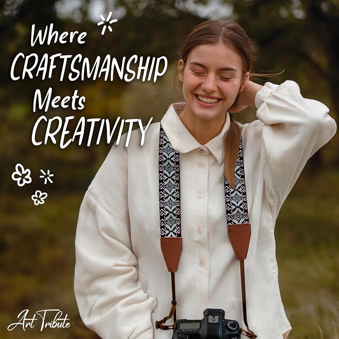 Art Tribute Camera Strap - Shoulder, Crossbody & Neck Camera Strap for Photographers, Fits All Cameras, Canon Nikon Sony Fujifilm, Padded Strap W/Quick Release, Embroidered Cotton & Leather Ends - Image 8