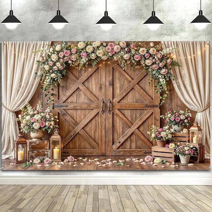 5x4ft Wedding Backdrop Rustic Floral Flower Wooden Wall Backdrop Bridal Baby Shower Ceremony Photography Background Shabby Chic Countryside Western Anniversary Wedding Party Birthday Photo Prop - Image 6