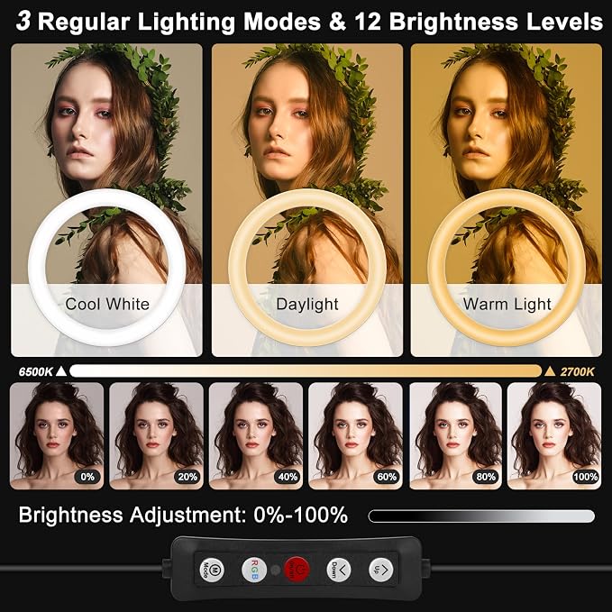 10" Selfie Ring Light with 73" Tripod Stand & 1 Phone Holder, LED Camera Ringlight with 48 RGB Colors Modes & Musical Rhythm Mode and 12 Brightness Dimmable for TikTok/Makeup/Photography/Vlog - Image 2