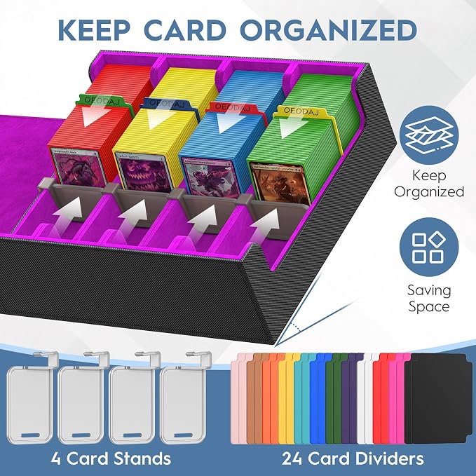 4 Row Trading Card Storage Box, 3200+ MTG Card Storage, Black & Purple | TCG Card Organizer Box with 24 Colorful Dividers and 4 Stands, Bulk PKM Storage, Deck Case Holder Fits for YuGiOh, Game Cards - Image 4