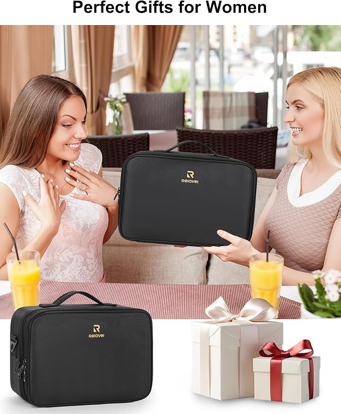 Relavel Makeup Bag Travel Train Case Cosmetic Organizer with Divider, Black | Large Storage Box with Adjustable Dividers and Brush Compartment for Cosmetics, Toiletries, Nail Polish, Jewelry, Electronic - Image 9