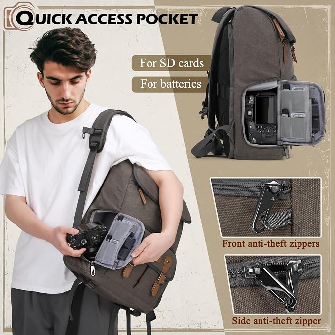 RAINSMORE Camera Backpack, DSLR SLR Mirrorless Camera Bag for Photographer | 15.6 Inch Vintage Canvas Camera Case with Laptop Compartment & Tripod Holder & Rain Cover for Sony Canon Nikon Fujifilm Grey - Image 5