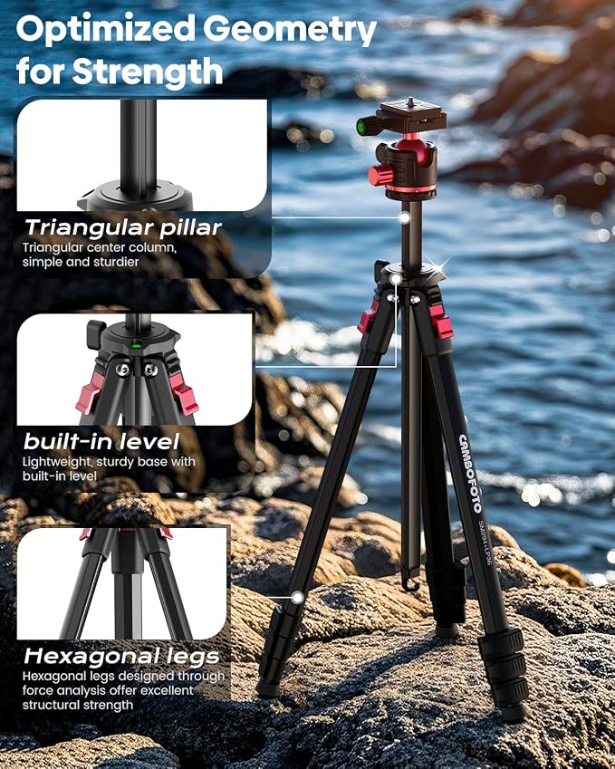 CAMBOFOTO 68" Travel Tripod for Camera Phone Camcorder, Ball Head, Aluminum | Portable Tripod Stand with Phone Holder & QR Plate, Compatible with iPhone Video Recording DSLR Mirrorless Film, Load 8.8lbs - Image 5