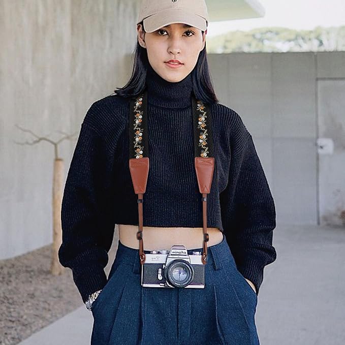 Padwa Lifestyle Camera Strap - 2" Full Grain Leather Ends Camera Straps for Photographers, Vintage Embroidered Cotton Weave Soft Suede Fabric Padded Strap Quick Release fits All Cameras - Image 5