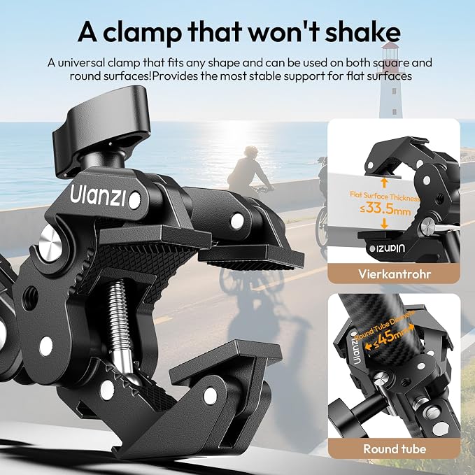 ULANZI CO78 Super Clamp Kit w Magic Arm f Action Cam – 1/4" & ARRI Locating | Pins + Cold Shoe Mount, 3-Jaw & Dual Ball Head Designed for Flexible, Low & High Angle Shot, Load Capacity Within 1kg - Image 3
