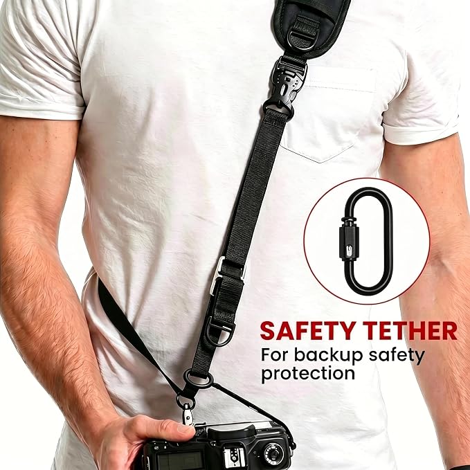 waka Rapid Camera Neck Strap with Quick Release and Safety Tether | Adjustable Camera Shoulder Sling Strap for Nikon Canon Sony Olympus DSLR Camera - Black - Image 5