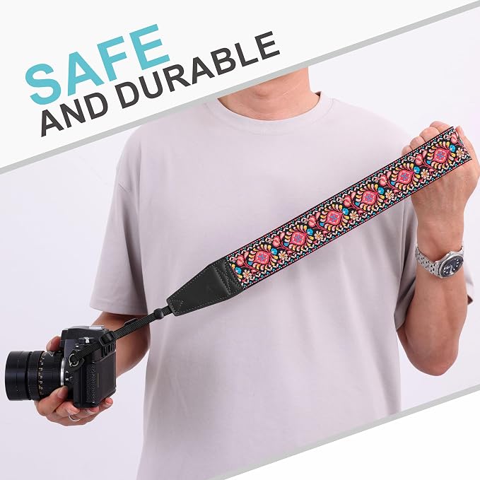 Padwa Lifestyle Pink Flower Camera Strap - 2" Full Grain Leather Ends Camera Straps for Photographers, Vintage Embroidered Cotton Weave Soft Suede Fabric Padded Strap Quick Release fits All Cameras - Image 7