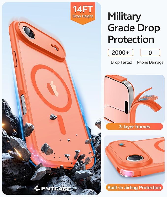 FNTCASE for iPhone Air Case, Fit for Magsafe, with Glass Screen Protector | Full Camera Protection, Translucent Matte, 14FT Military Grade Drop Proof, Shockproof Protective Phone Cover, Orange - Image 5