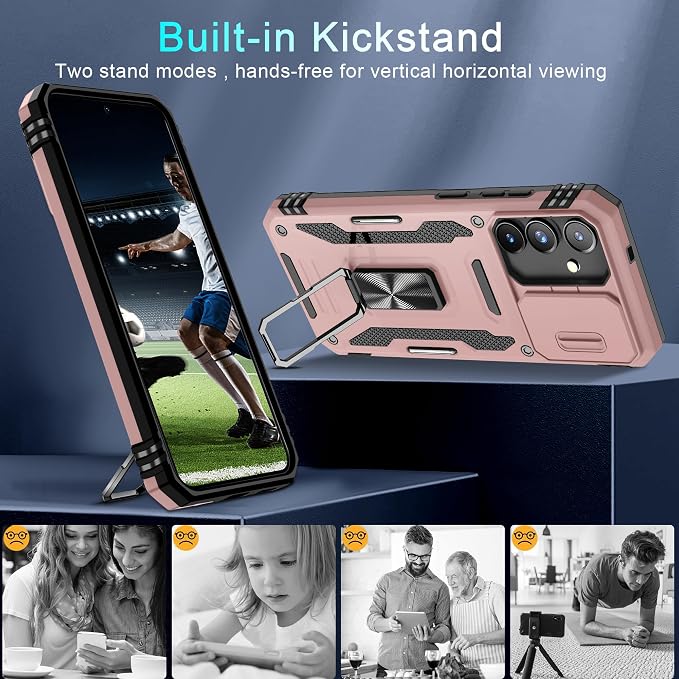 DEERLAMN Case for Samsung Galaxy S24 6.2-Inch with Slide Camera Cover+Screen Protector(1 Pack), Rotated Ring Kickstand Military Grade Shockproof Protective Cover-Rose Gold - Image 5