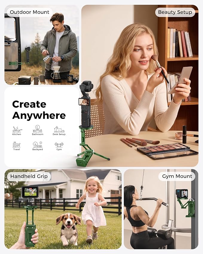 OMOTON TP02-Ultra Multi-Device Camera & Phone Mount with 1/4" Adapter Green | Built-In 1/4" & Arca Base, Clamp, Magnetic & Tripod Setups for iPhone, Pocket/Action Cameras, Overhead & Low-Angle Filming - Image 5