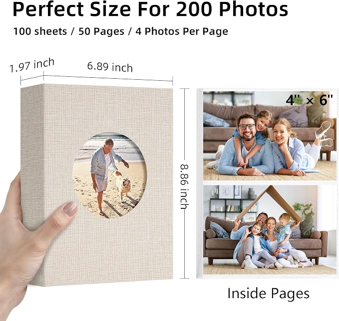 Vienrose Photo Album 4x6 Photos 200 Pockets Linen Cover Slip-in Photo Book with Round Window for Wedding, Vacation Memories, Personalized Picture Organizer, Beige - Image 2