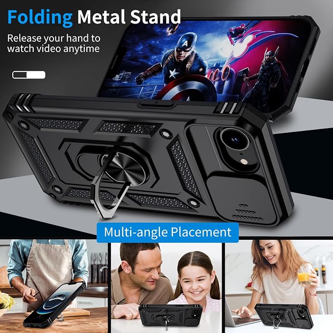 for iPhone 17e Case & iPhone 16e Case with 2X HD Screen Protector & Slide Camera Cover & Rotated Ring Kickstand, Rugged Heavy Duty Protective Phone Case for iPhone 17e/16e 6.1 inch, Black - Image 3