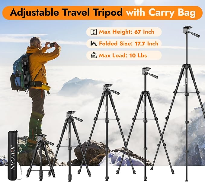 JOILCAN Phone Tripod Stand - 67" Aluminum Extendable Tripod with Remote | Portable Tripods for iPhone Photos Selfie & Video, Compatible with iPhone DSLR Camera Projector - Image 5