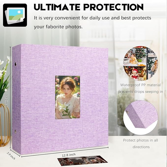 Aevdor Large Capacity 4x6 Photo Album, 1000 Photos, Linen Cover, Purple | Black Inner Pages, 3 Horizontal and 2 Vertical Pockets per Side, Front Photo Window, Family, Wedding & Travel Memories - Image 2