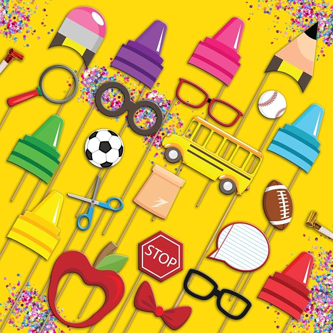 School Bus Photo Booth Props Kit - 20 Pack Party Camera Props Fully Assembled - Image 3