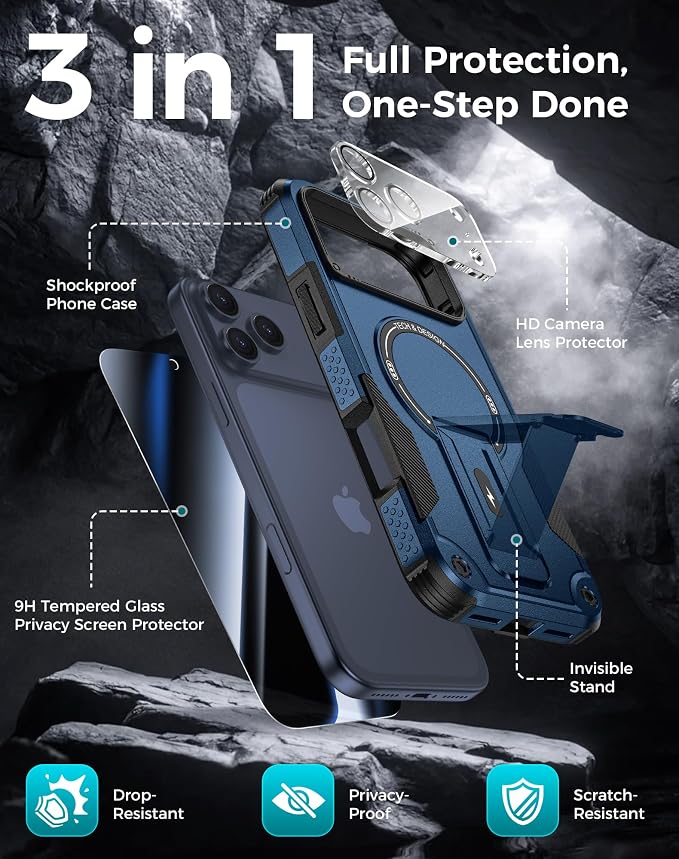 Goton 3 in 1 for iPhone 17 Pro Case with Privacy Screen Protector Blue | Glass Camera Lens Protector,Compatible for MagSafe,Invisible Kickstand, Shockproof Phone Cover for iPhone 17Pro - Image 3