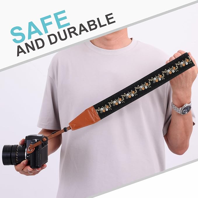 Padwa Lifestyle Camera Strap - 2" Full Grain Leather Ends Camera Straps for Photographers, Vintage Embroidered Cotton Weave Soft Suede Fabric Padded Strap Quick Release fits All Cameras - Image 7