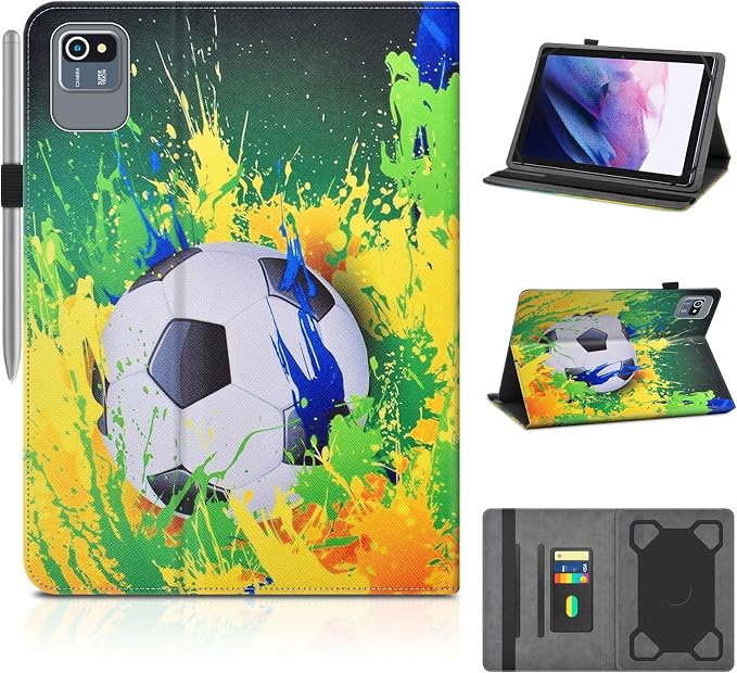 DETUOSI Universal 10.1 inch Tablet Case,Scratch Resistant | For ECOPAD ‎TH-KK12C,URAO X109,Aiprotablet C20e,Folio Leather Protective Cover,2-Angle Viewing Stand,3 Card Slots,Football by DETUOSI