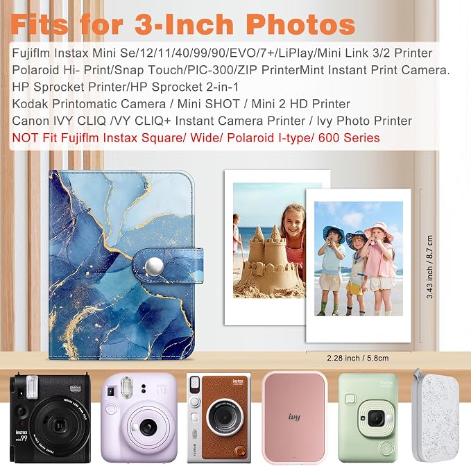 Fintie Mini Photos Album Book for 2x3 Inch Films - 52 Pockets Small Albums | For Fujifilm Instax Mini, Polaroid Hi-Print Pictures, Portable Kpop Photocard Holder, Travel Memory Book, Ocean Marble - Image 3