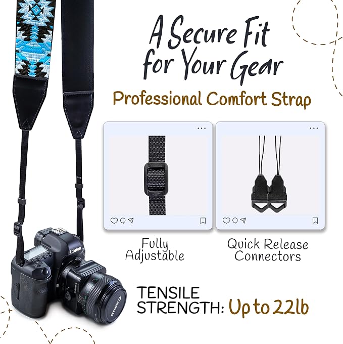 Art Tribute Camera Strap - Shoulder, Crossbody & Neck Camera Strap for Photographers, Fits All Cameras, Canon Nikon Sony Fujifilm, Padded Strap W/Quick Release, Embroidered Cotton & Leather Ends - Image 4
