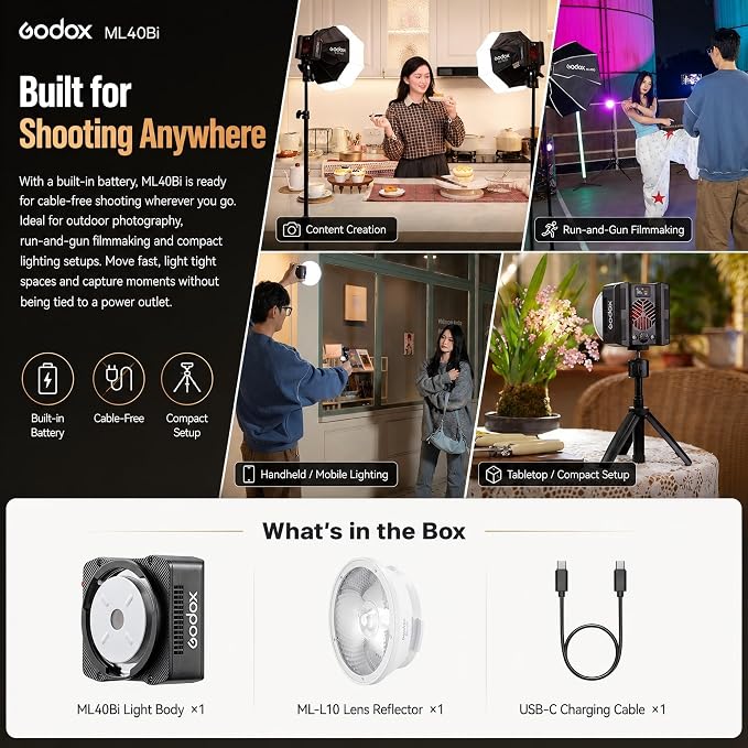 Godox ML40Bi Bi-Color LED Video Light, Portable COB Photography Light with Built-in Battery, 2800K-6500K, 28,000 Lux with ML-L10 Reflector, CRI/TLCI 96, 11 FX Effects, USB-C Charging, App/NFC Control - Image 10