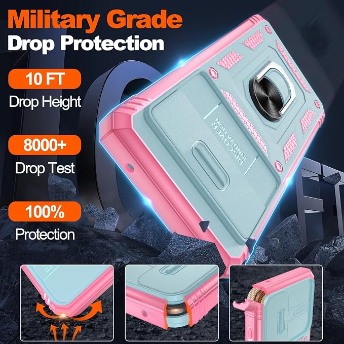 for Google Pixel 7A Case with Slide Camera Cover & Screen Protector*2, Pixel 7A Case Build in 360° Rotating Ring Kickstand, Military Grade Protective Case for Google Pixel 7A Phone Case, Green+Pink - Image 3