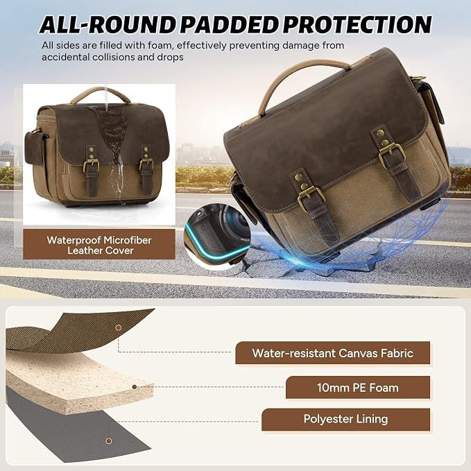 RAINSMORE Camera Bag, Vintage Canvas Camera Sling Bag Crossbody Camera Case | Water-resistant DSLR SLR Mirrorless Camera Bag for Photographer with Rain Cover & Tripod Holder for Sony Canon Nikon Fujifilm - Image 4