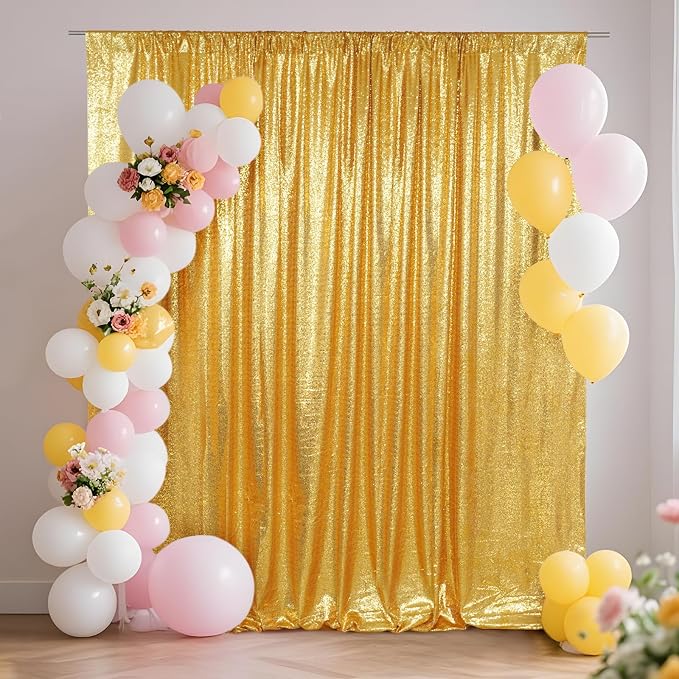 SquarePie 8x10ft Gold Sequin Backdrop, High Density Non-Transparent Glitter Curtain for Photography, Birthday, Wedding Party Decorations, Thick Solid Background with 4" Rod Pocket, 1 Panel by SquarePie