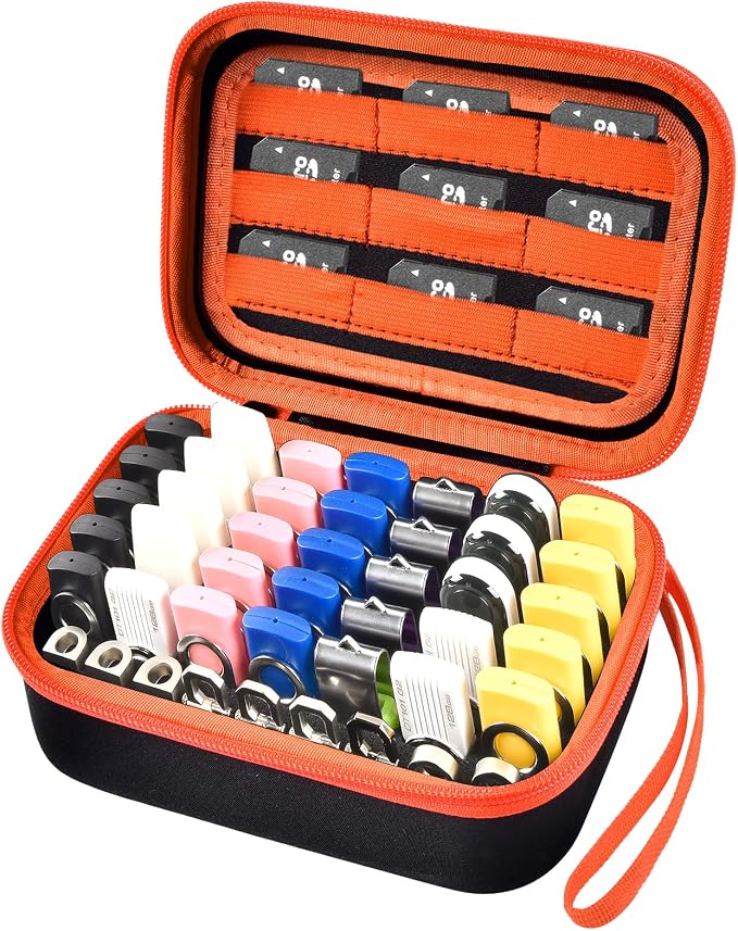 Comecase USB Flash Drive Case, Holds 44 USB Drives and 9 SD Cards | Pre-Cut Foam Fits Mixed Drive Sizes Flash Drive; EVA Shell Protects Data on the Go, Black+Orange Zipper, Large, Case Only by COMECASE