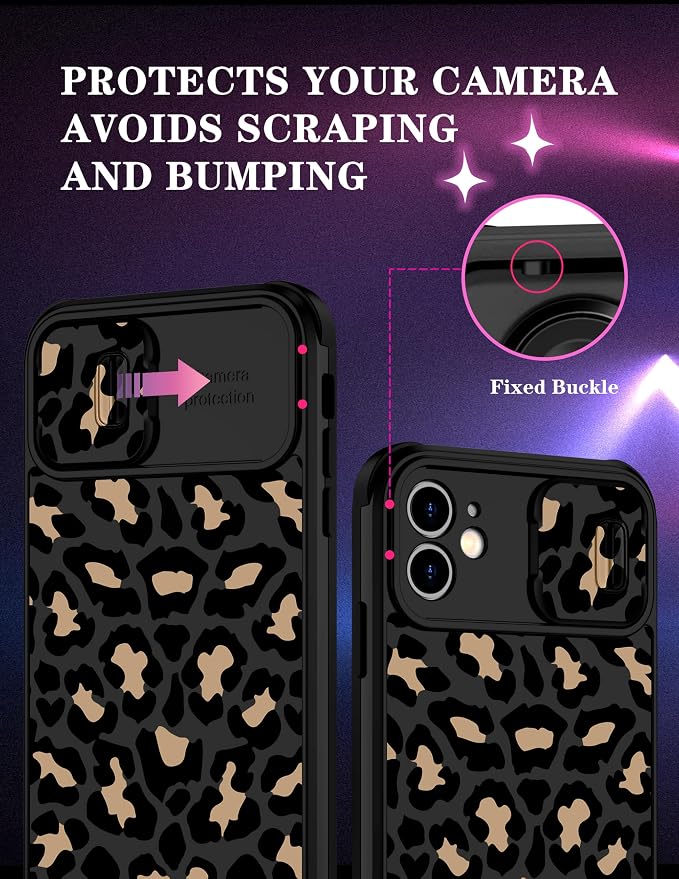 (2in1 for iPhone 11 Case Leopard for Women Luxury Phone Cover Black Cheetah Animal Print Design with Slide Camera Cover Protective Pattern Cute Cases for iPhone 11 6.1'' - Image 3