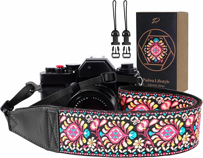 Padwa Lifestyle Pink Flower Camera Strap - 2" Full Grain Leather Ends Camera Straps for Photographers, Vintage Embroidered Cotton Weave Soft Suede Fabric Padded Strap Quick Release fits All Cameras by PadwaLifestyleCameraStrap