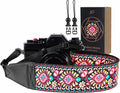 Padwa Lifestyle Pink Flower Camera Strap - 2" Full Grain Leather Ends Camera Straps for Photographers, Vintage Embroidered Cotton Weave Soft Suede Fabric Padded Strap Quick Release fits All Cameras by PadwaLifestyleCameraStrap